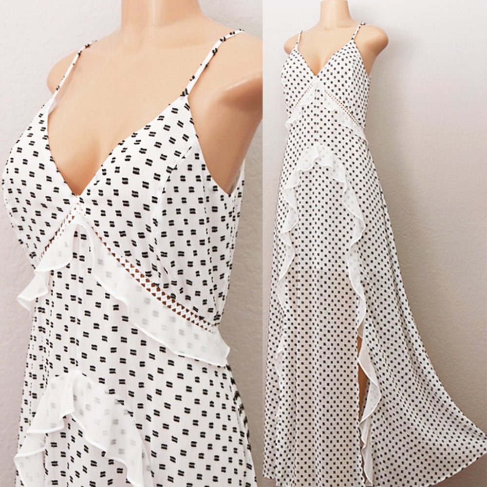 White Swiss Dot Cascading Ruffle Slit Maxi Dress